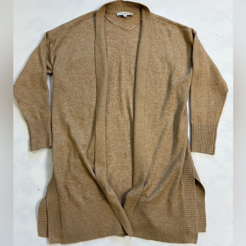 🏆LOFT Cardigan Womens Medium Tan Camel Long Neutral Lightweight Sweater